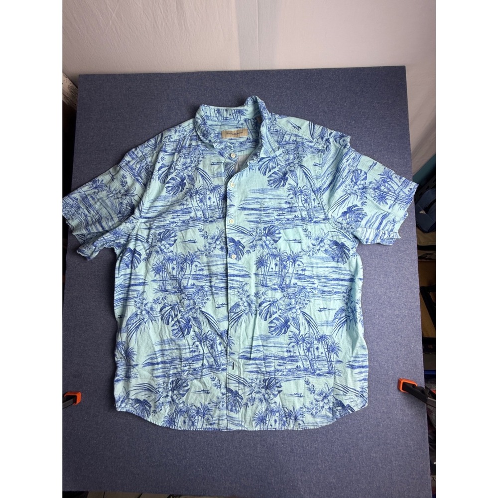 Tommy Bahama Mens XXL Blue Tropical Island Palm Tree Camp Shirt Short Sleeve